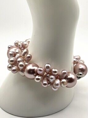 Pink Pearl Cluster Bracelet Statement Beaded Jewelry Chunky Glam Bracelet EUC